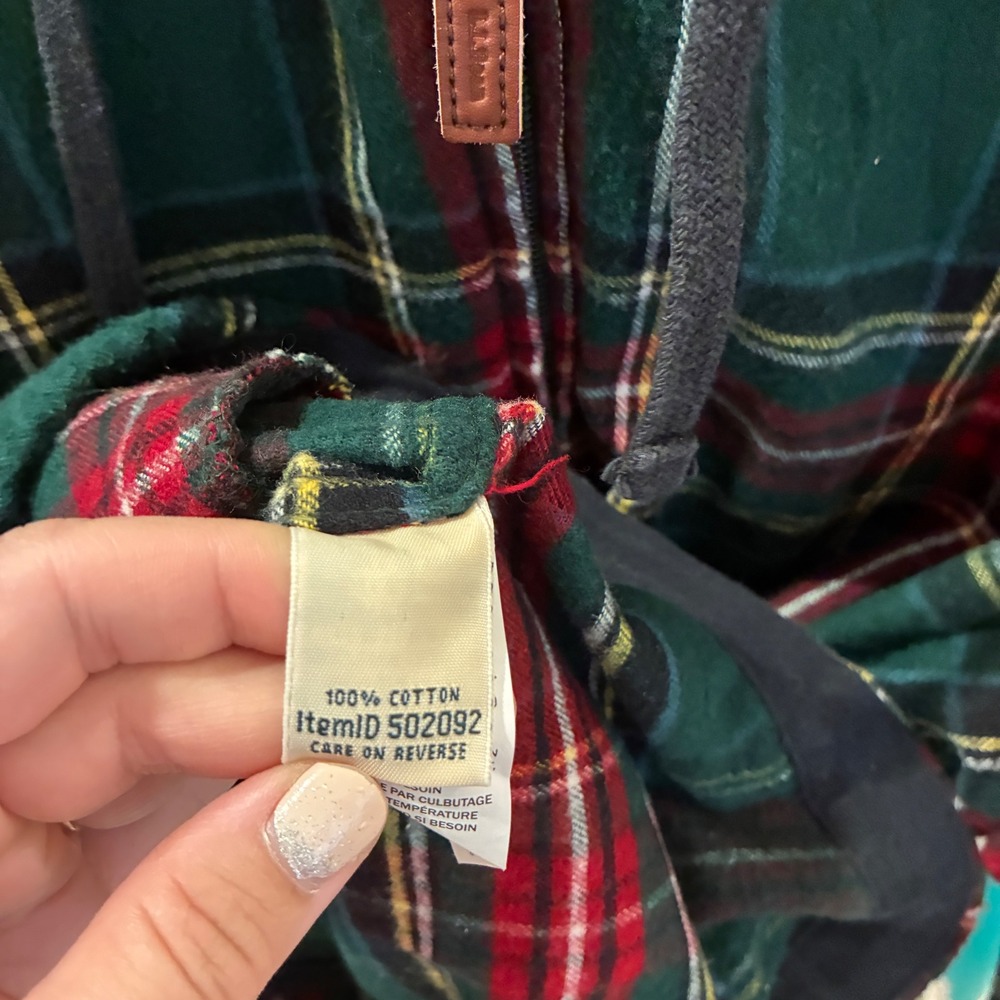L.L.Bean Flannel Zip Hoodie Womens Size Lg Green Plaid Granola Gorpcore Outdoor - Picture 3 of 6